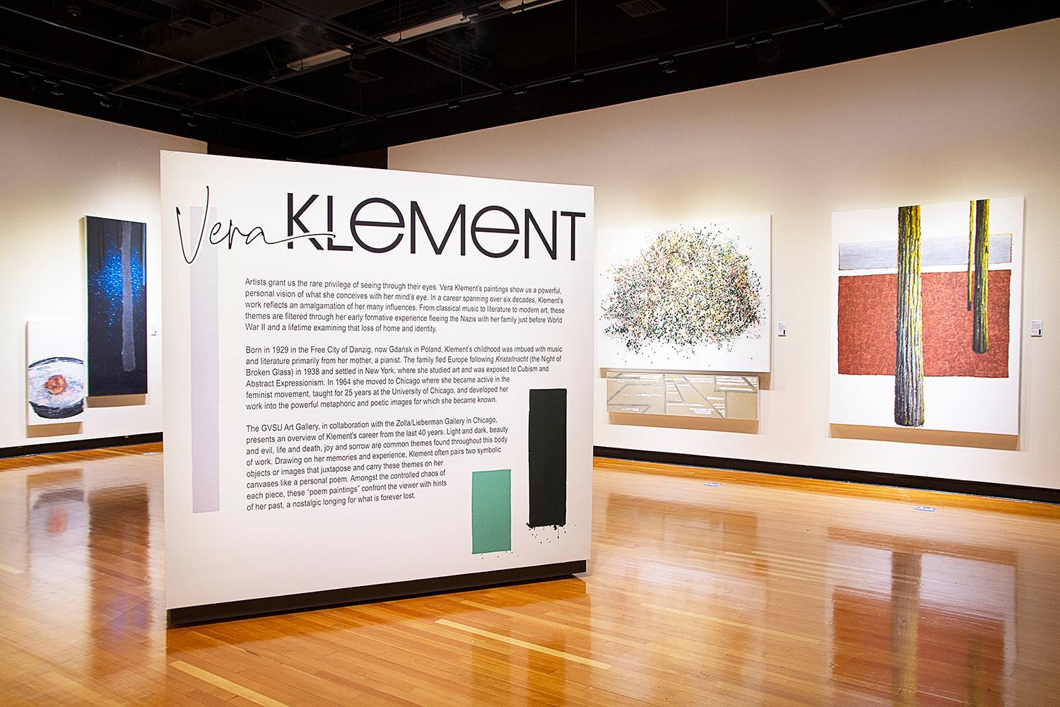 View of the GVSU Art Gallery displaying the exhibition 'Vera Klement'